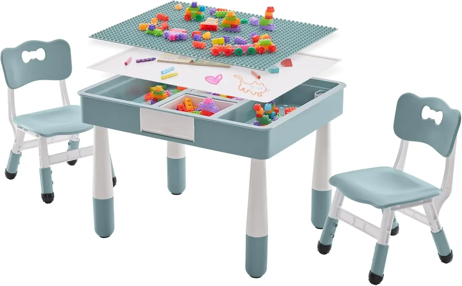 Kids Table and 2 Chairs Set with Storage, Toddler Table and Chair Set for Kids Ages 3-10, Graffiti & Building Blocks Doub