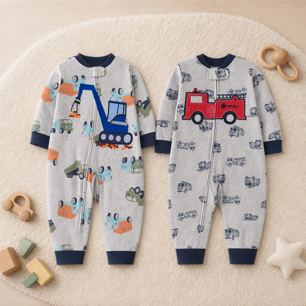 Doppelseitiger Baumwoll-Reißverschluss-Strampler für Kleinkinder mit Bagger- und Feuerwehrauto-Stickerei, Allover-Print, weicher Ganzjahres-Baby-Overall 6-24 Monate
