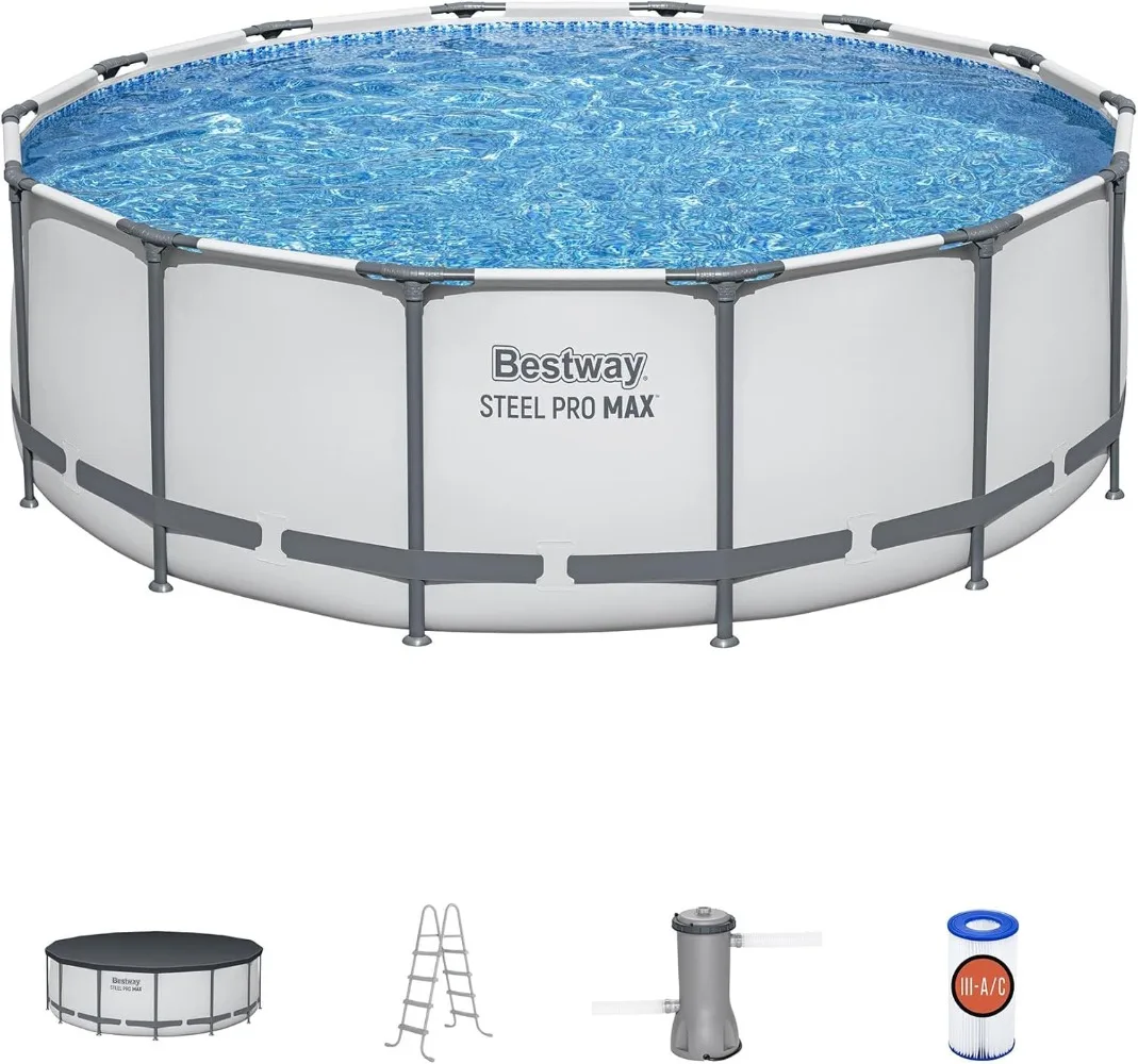 Steel Pro MAX 14 Foot x 48 Inch Round Metal Frame Above Ground Outdoor Swimming Pool Set with 1,000 Filter Pump, Ladder, and