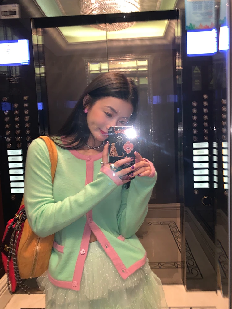 

Mint een Woolen Knitted Cardigan Women's Faion Design Spring Autumn Season Long Sve round Ne Single Button Sle