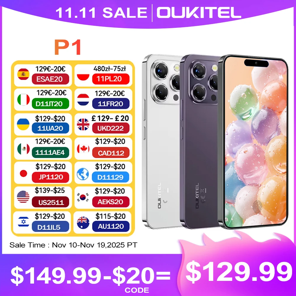OUKITEL P1 Global Version Smartphone 4GB/8GB RAM+256GB ROM 6.7-inch 120Hz AMOLED Display MTK Helio G99 50MP Camera 5150mAh NFC