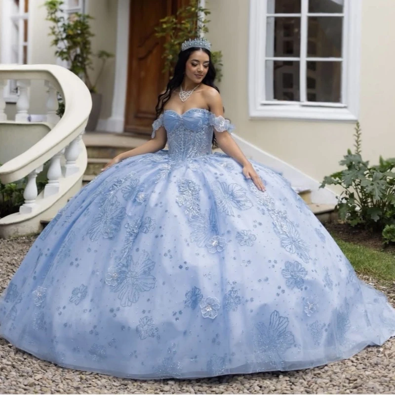 

Sky Blue Shiny Quinceanera Dresses Ball Gown Off The Shoulder Sequin Applique Lace Beads Tull Corset Party Birthday Sweet 16