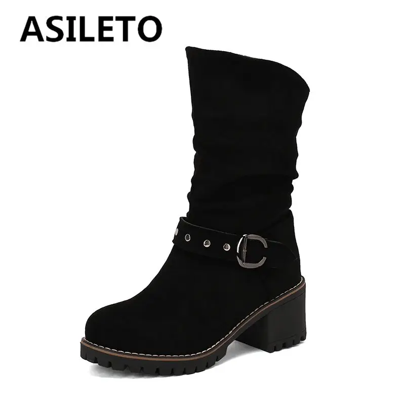 ASILETO Flock Suede Female Mid Calf Boots Round Toe Block Heels 6.5cm Slip On Belt Buckle Big Size 43 44 45 Elegant Daily Bota