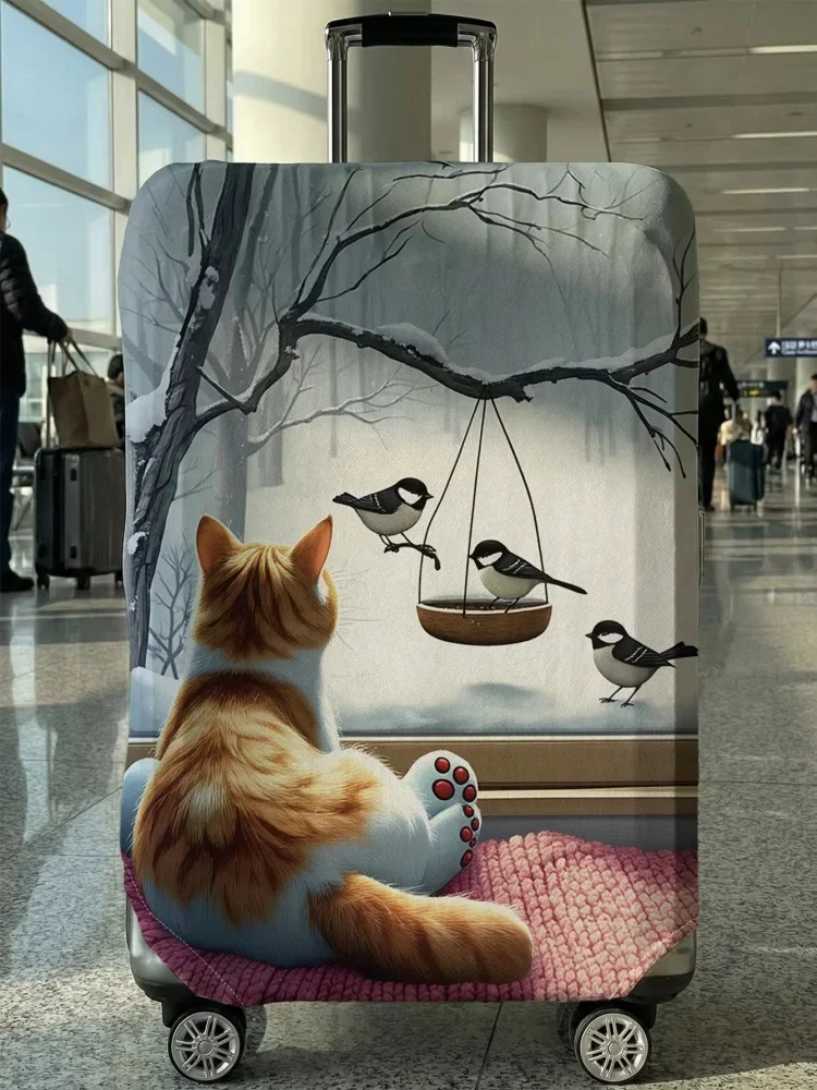 Elastic Luggage Cover Cat Watching Birds Print Stretch Suitcase Protector Dustproof Anti‑Scratch For 18‑32 Inch Travel Case
