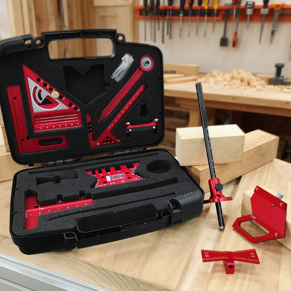 9Pcs Woodworking Square Kit with Box, Aluminum Scribeing Ruler,Center Finder,Circular Drawing Compass,Honing Guide,Height Gauge