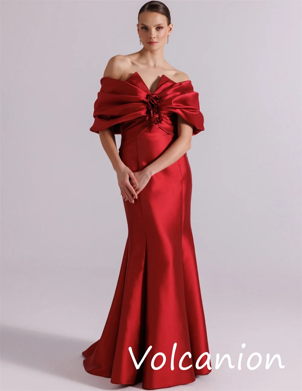 Personalizado de alta qualidade charmeuse flor plissado trompete fora do ombro vestidos longos sob medida ocasião retro