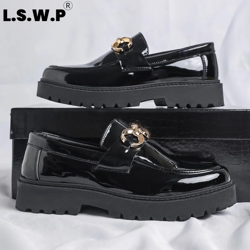 Men's Loafers, Height-Increasing Shiny Loafers, High-Quality Mirror-Like Patent Leather Texture, Metal Ring Buckle Adds a Touch of Sophistication, Non-Slip Platform Sole, Comfortable to Wear Without Tiring the Feet, Classic Black, Versatile for Commuting and Casual Wear.