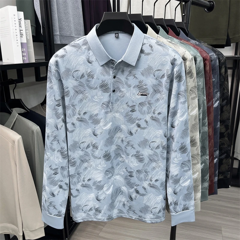 Herren-Polohemd mit abstraktem Blattmuster, langen Ärmeln, umgeschlagenem Kragen, atmungsaktivem, glattem Stoff, für den täglichen, lässigen Gebrauch. – Detail 17