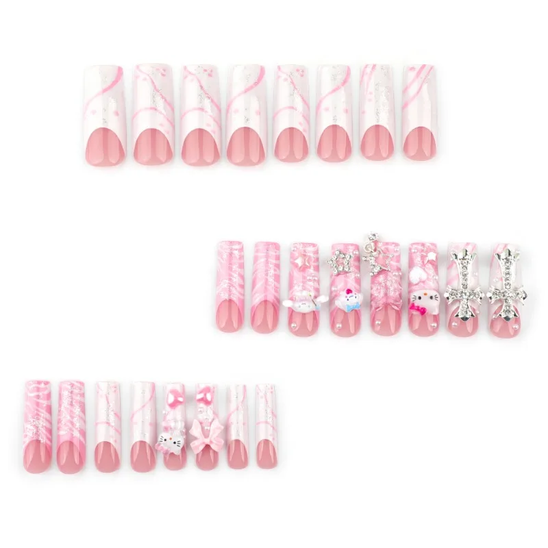 24pcs Acrylic Press on Nails Set Y2k French Tips Long Coffin False Nails with Pink Bowknots Cute Sanrio Nails Accessories