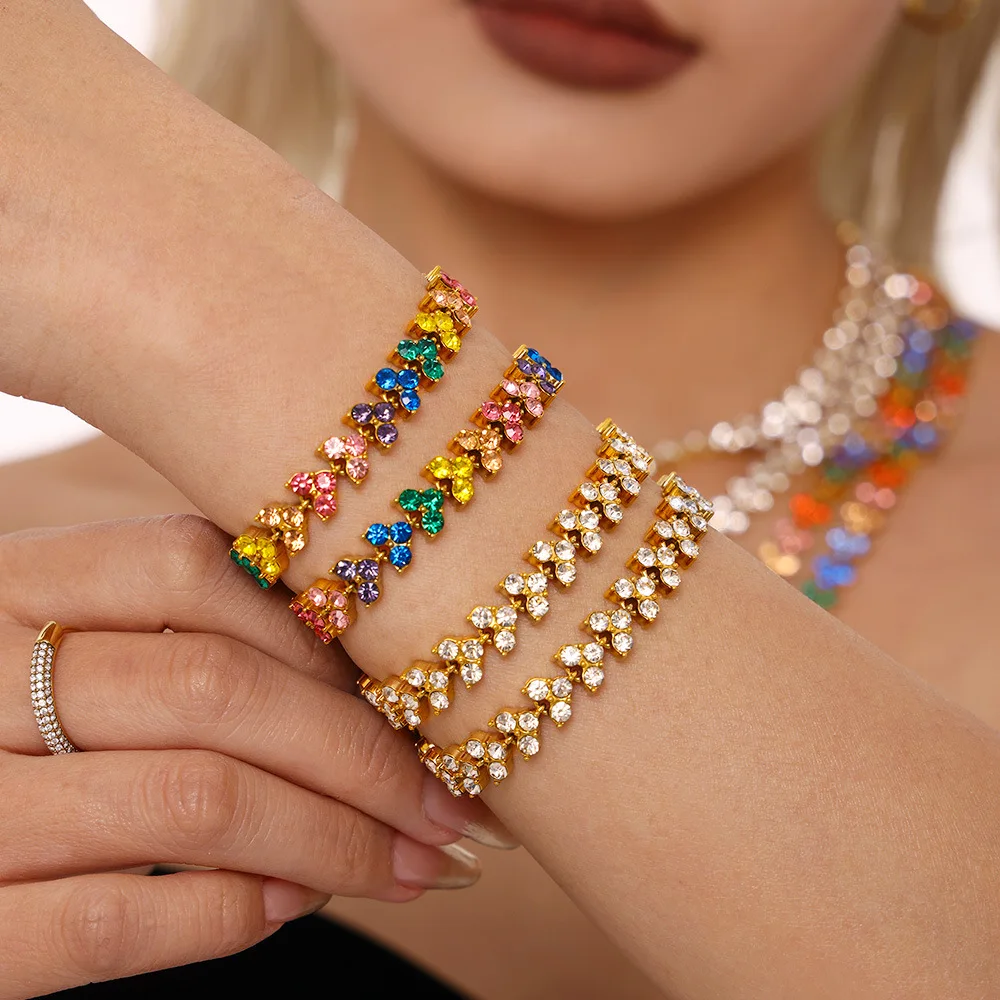 TOSOKO Triangular Splicing with Circular Colored Zircon Bracelet Elegant Stainless Steel Jewelry for Women E214