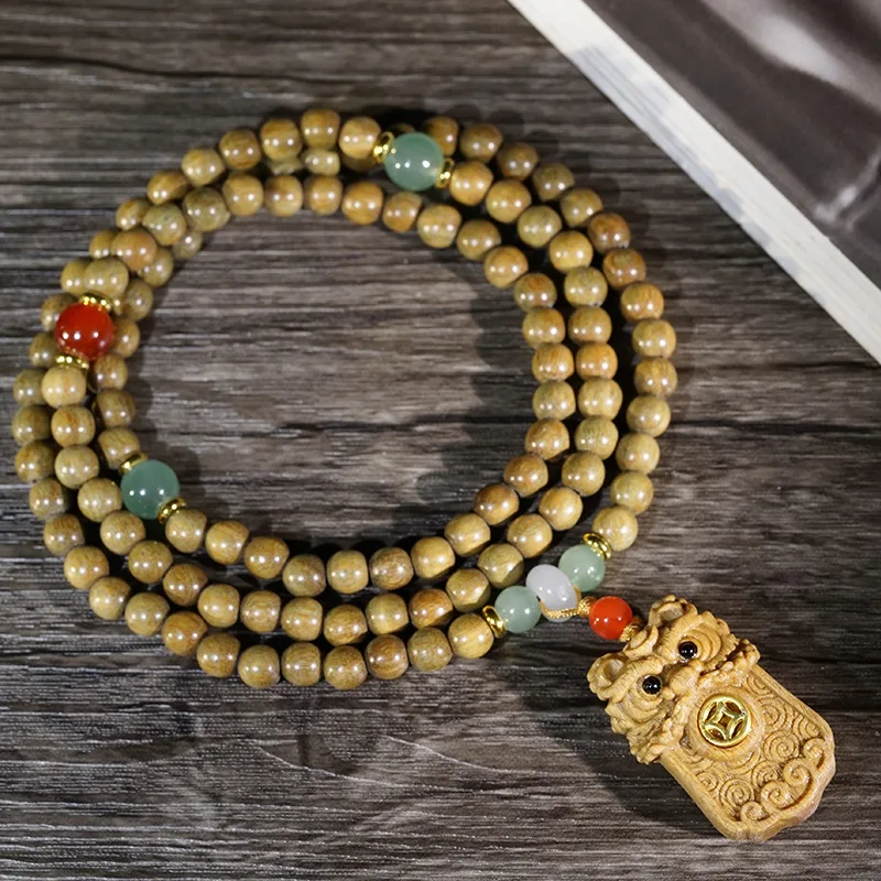 Green sandalwood 6mm DIY bracelet with gold-swallowing beast design, wooden prayer , necklace, neck pendant, Buddhist beads