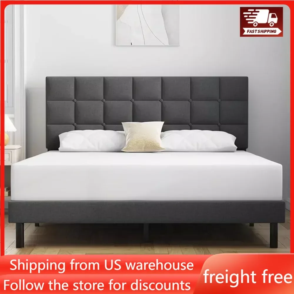 

Queen Bed Frame Upholstered Platform with Headboard and Strong Wooden Slats,Non-Slip and Noise-Free,No Box Spring Needed