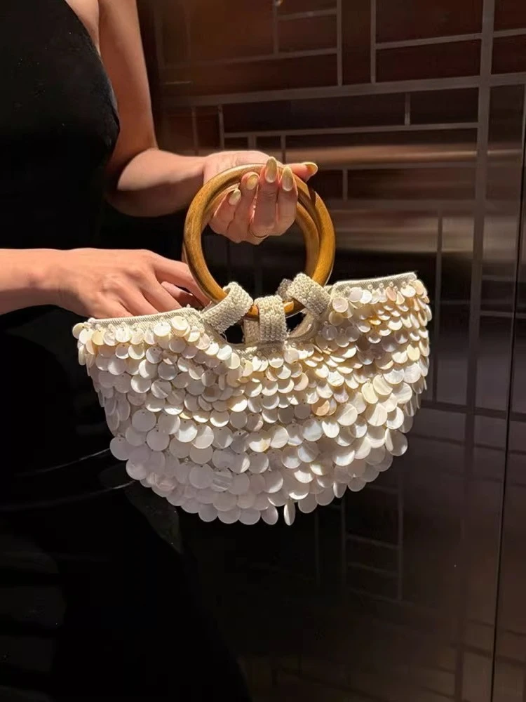

Handmade Heavy Industry Bead Handbag Embroidered Natural Shell Diagonal Totes Half Moon Crossbody Women's Wedding Part Bags New