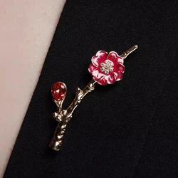 Vintage Plum Blossom Brooches for Women Classical 925 Silver Red Flower Enamel Crystal Broche Chinese Style Banquet Jewelry
