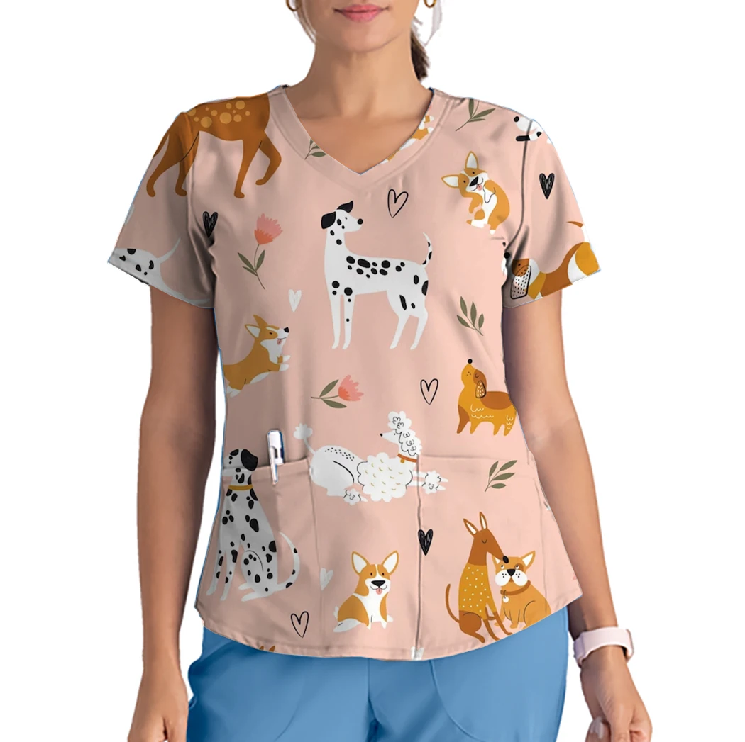 2025 الصيف المرأة ممرضة موحدة تي شيرت ديزني الكرتون الحيوان ميكي ماوس طباعة الخامس الرقبة جيب فرك فضفاض التمريض موحدة