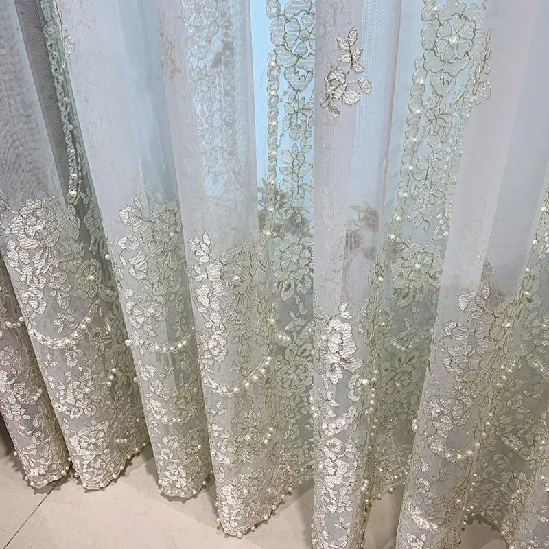European French Luxury Embroidery Bead Gauze Curtain for Living Room Bedroom and Balcony, Exquisite and Light-transmitting Door