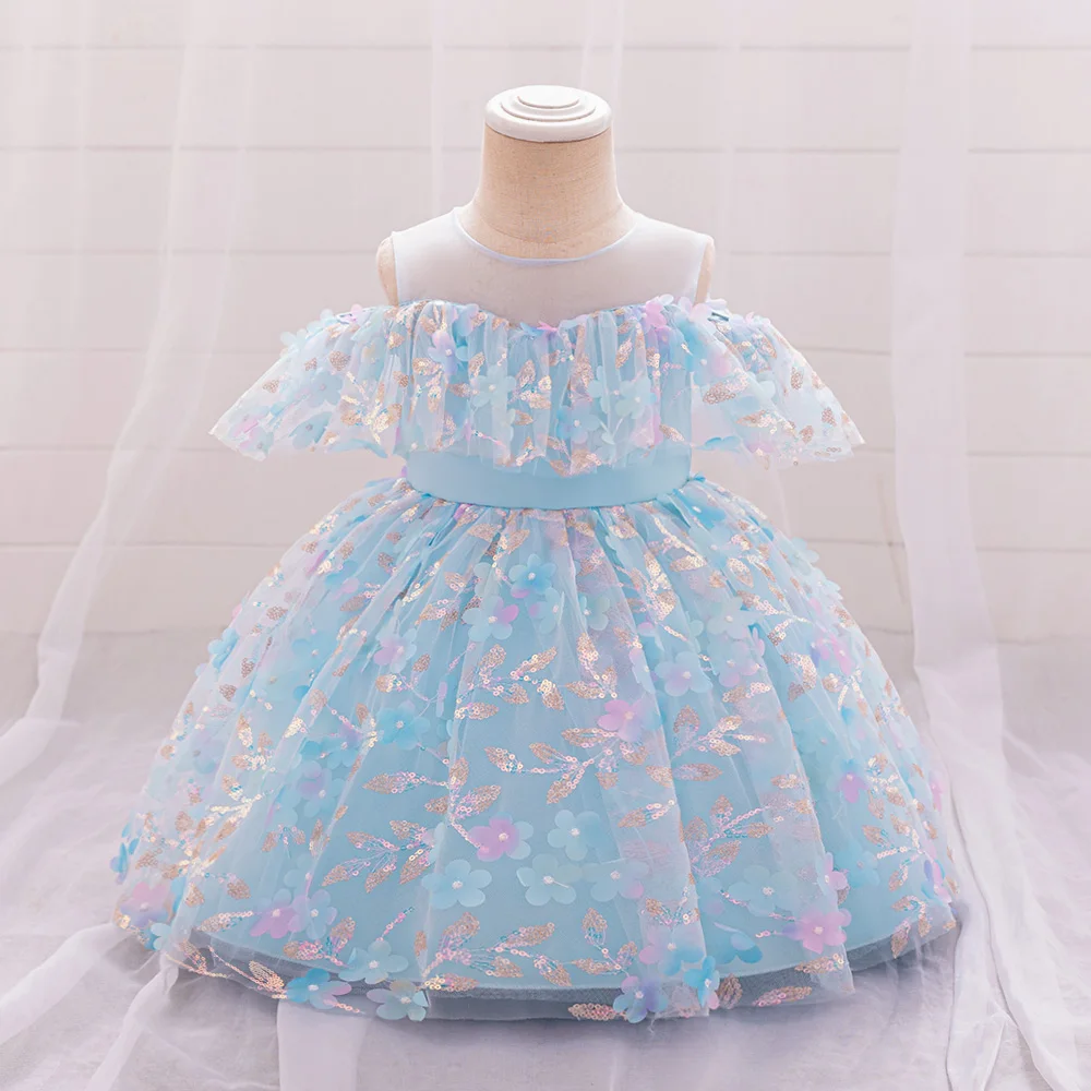 Colorful Sequin Flower Baby Girls Party Dress Kids Tulle 1st Birthday Princess Wedding Evening Dresses for Girl Bridmaid Baptism