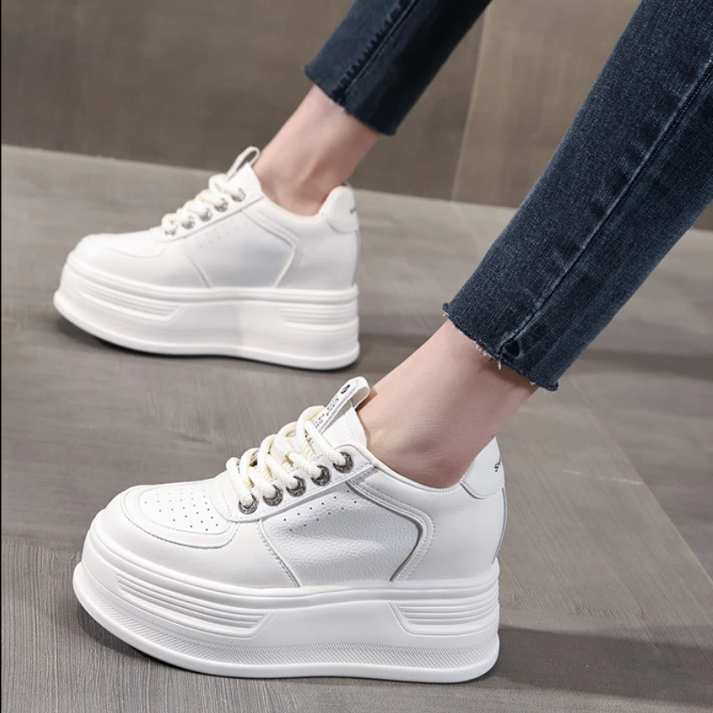 Fujin 8.5cm Genuine Leather Women Hidden Heels Ladies Chunky Sneakers Autumn Thick Soled Spring Platform Wedge Fashion Shoes