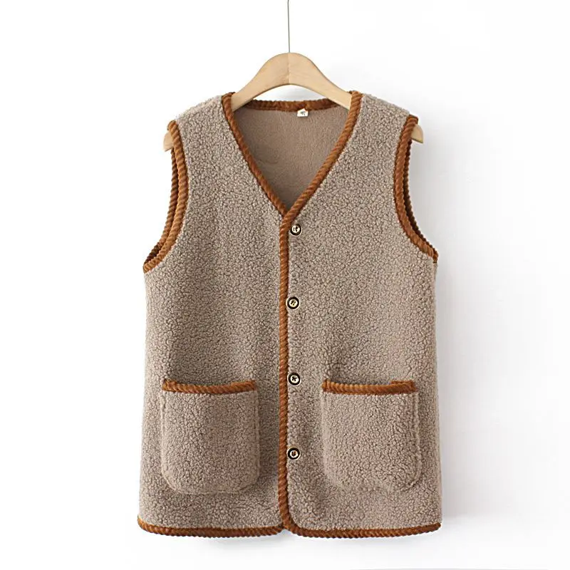 Lamb Wool Plain Vest Horse Clip Warm Plus Velvet V-neck Button Fashionable Solid Color Sleeveless Top