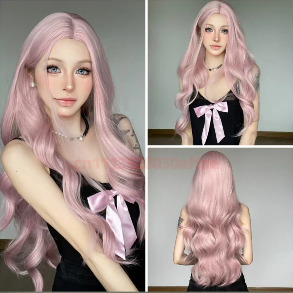 Pink Long Curly Wig Middle Part for Women Natural Fluffy Heat Resistant Synthetic Wigs for Cosplay Halloween Lolita Party Daily