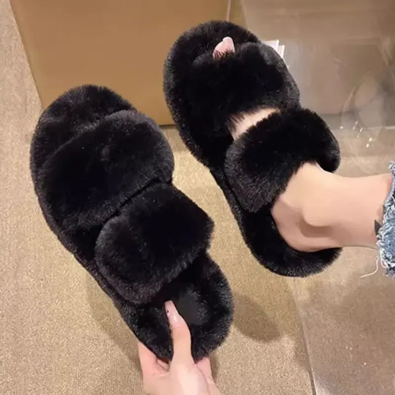 

YRZL Woman Furry Ladies Fur Luxury Fluffy Plush Slipper House Soft Fuzzy Platform Indoor Casual Winter Home Warm Slippers Female