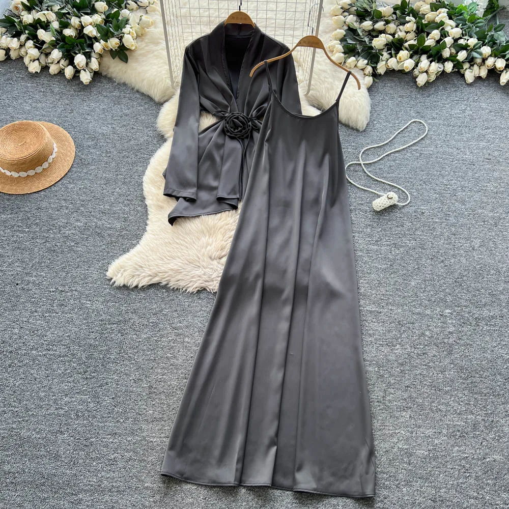 

Сексуальные винтажные элегантные атласные свободные женские вечерние корейские модные платья феикор, комплект из двух предметов