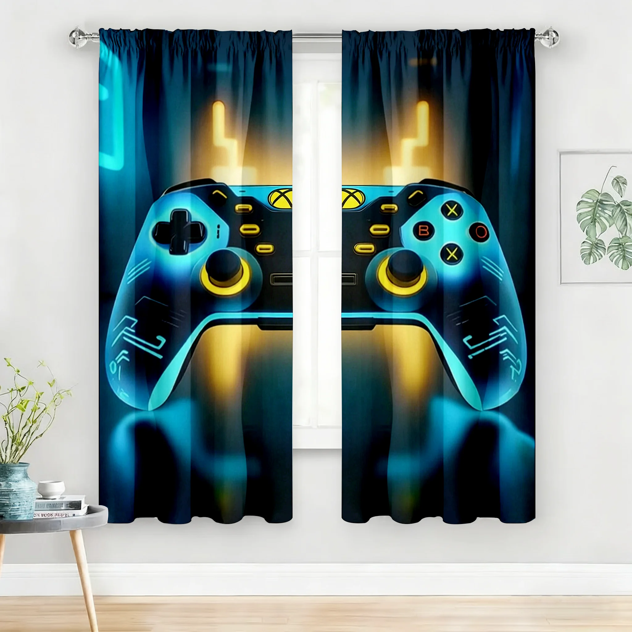 

2 шт. сине-желтых штор для игровой комнаты – оконные занавески с неоновым принтом для декора спальни мальчика или игровой комнаты