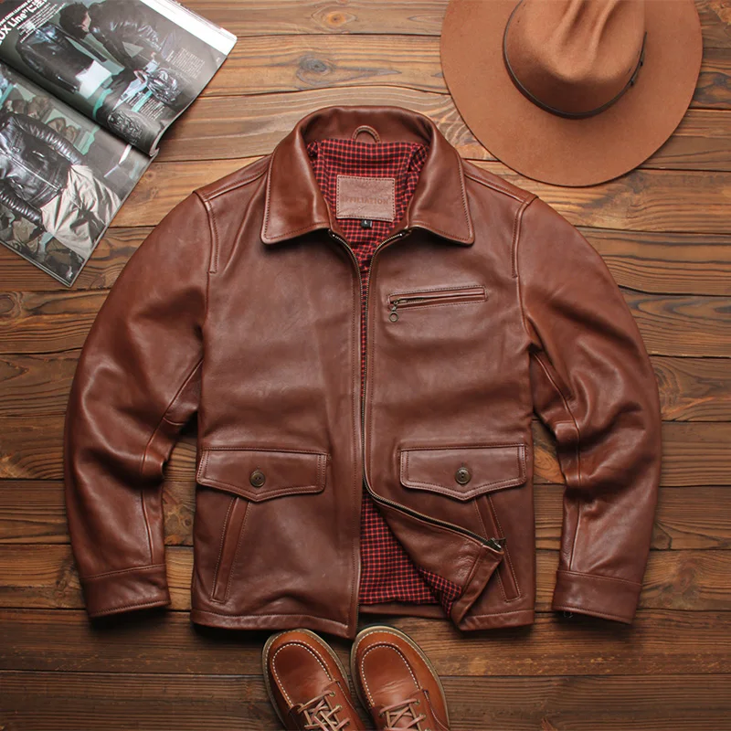 

Красно-коричневая осенняя кожаная куртка для мужчин в стиле ретро, повседневный стиль, большие размеры 5XL, облегающее пальто из натуральной овчины с отложным воротником