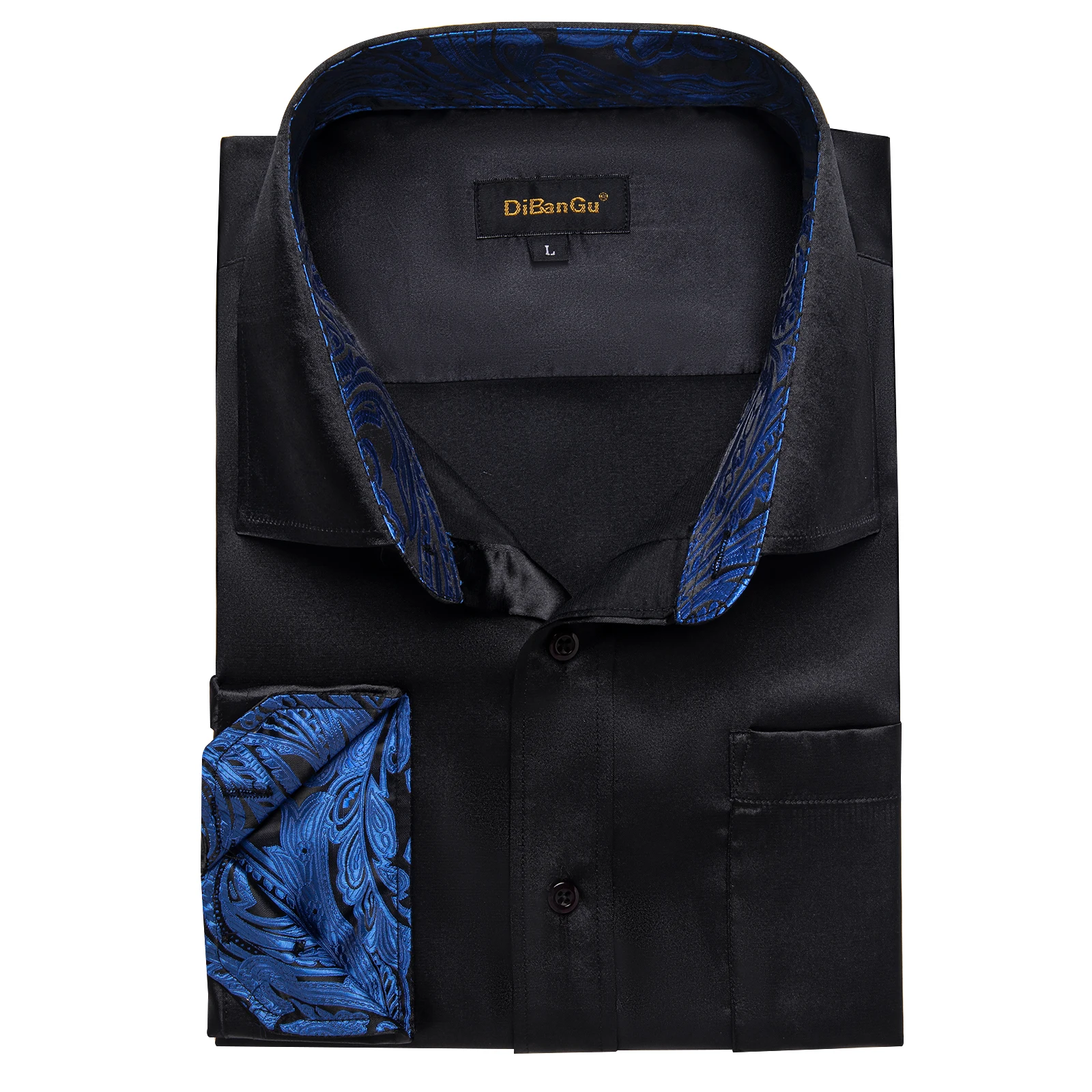 Satin Solid Black Men\'s Shirt with Blue Paisley Patchwork Collar Cuff Fashion Casual Polyester Long Sleeve Dress Shirts for Men