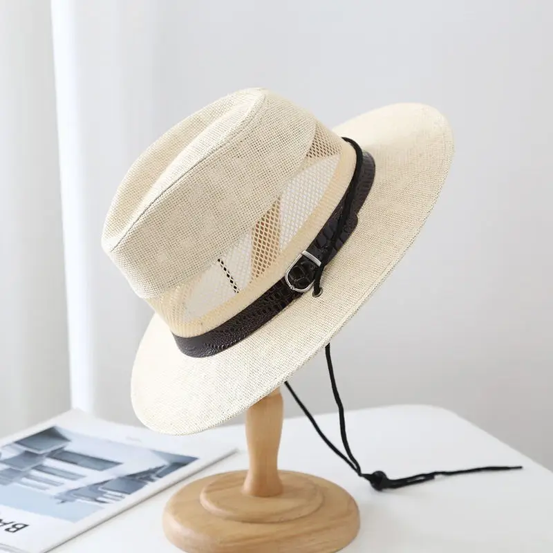 Summer men\'s hat hollow mesh straw beach hat breathable old man cool outdoor sun protection straw beach hat