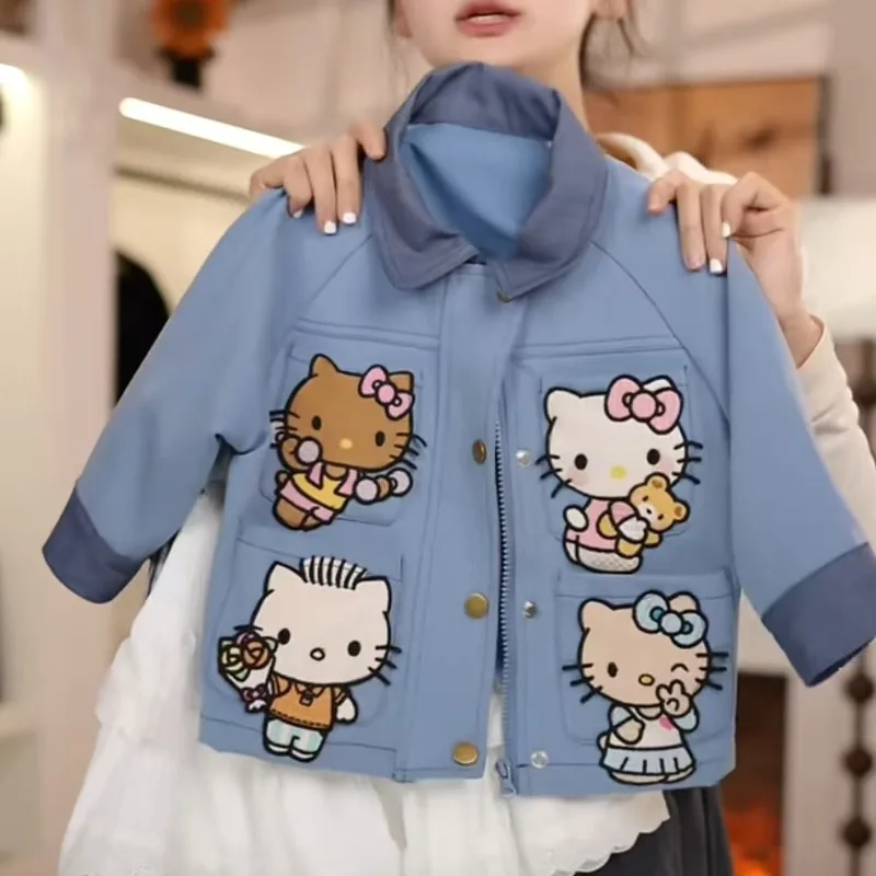 Sanrio Hello Kitty 2025 New Loose Jacket Top Foreign Style Girl Spring and Autumn Contrasting Color Denim Blue Coat Holiday Gift