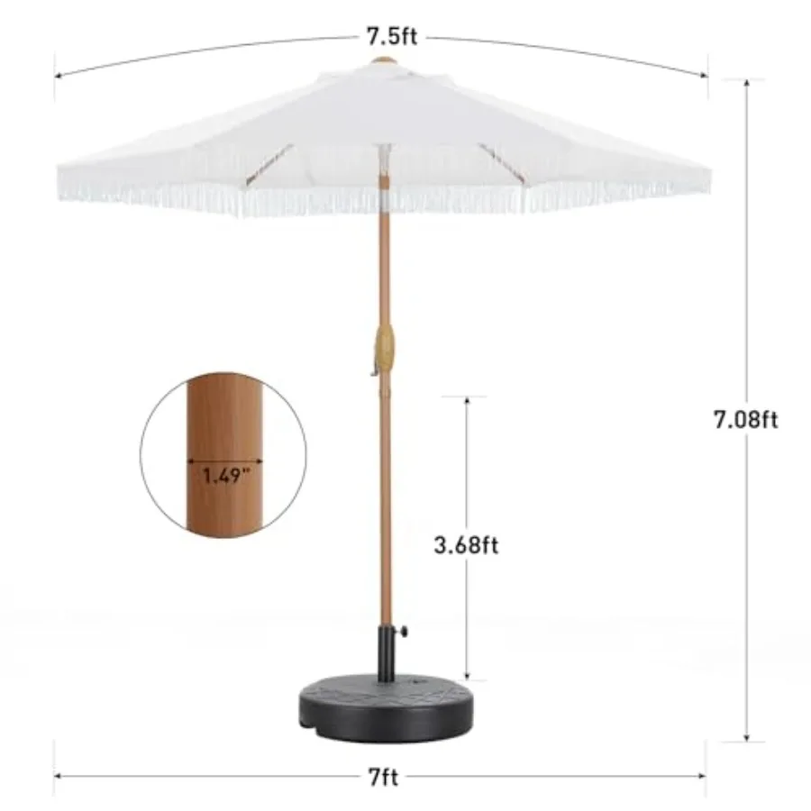 7.5 Feet Tassel Patio Umbrella for Beach Pool Yard Decor Polyester Beige Fringe with Heavy Base for Wind Resistance