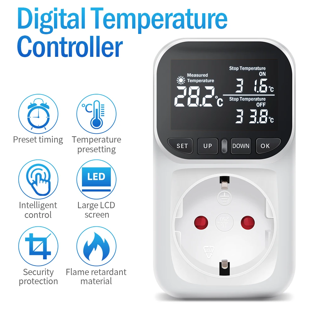 220V Temperature Controller Socket EU Plug LCD Display Digital Thermostat Preset Timer Switch Cooling Heating Temperature Sensor