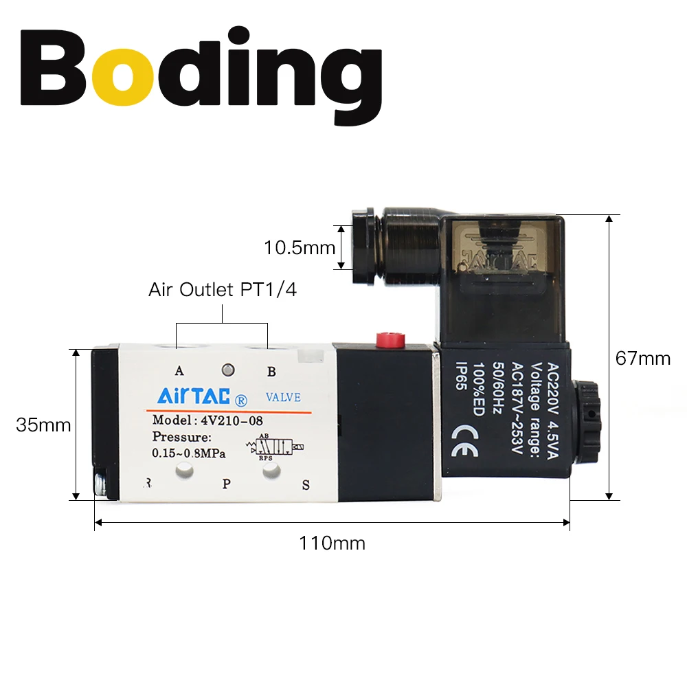 BODING Original AirTac Pneumatic Electric Solenoid Valve 5Way 2 Position Control Air Gas Magnetic Valve 4V210-08 12V-220V