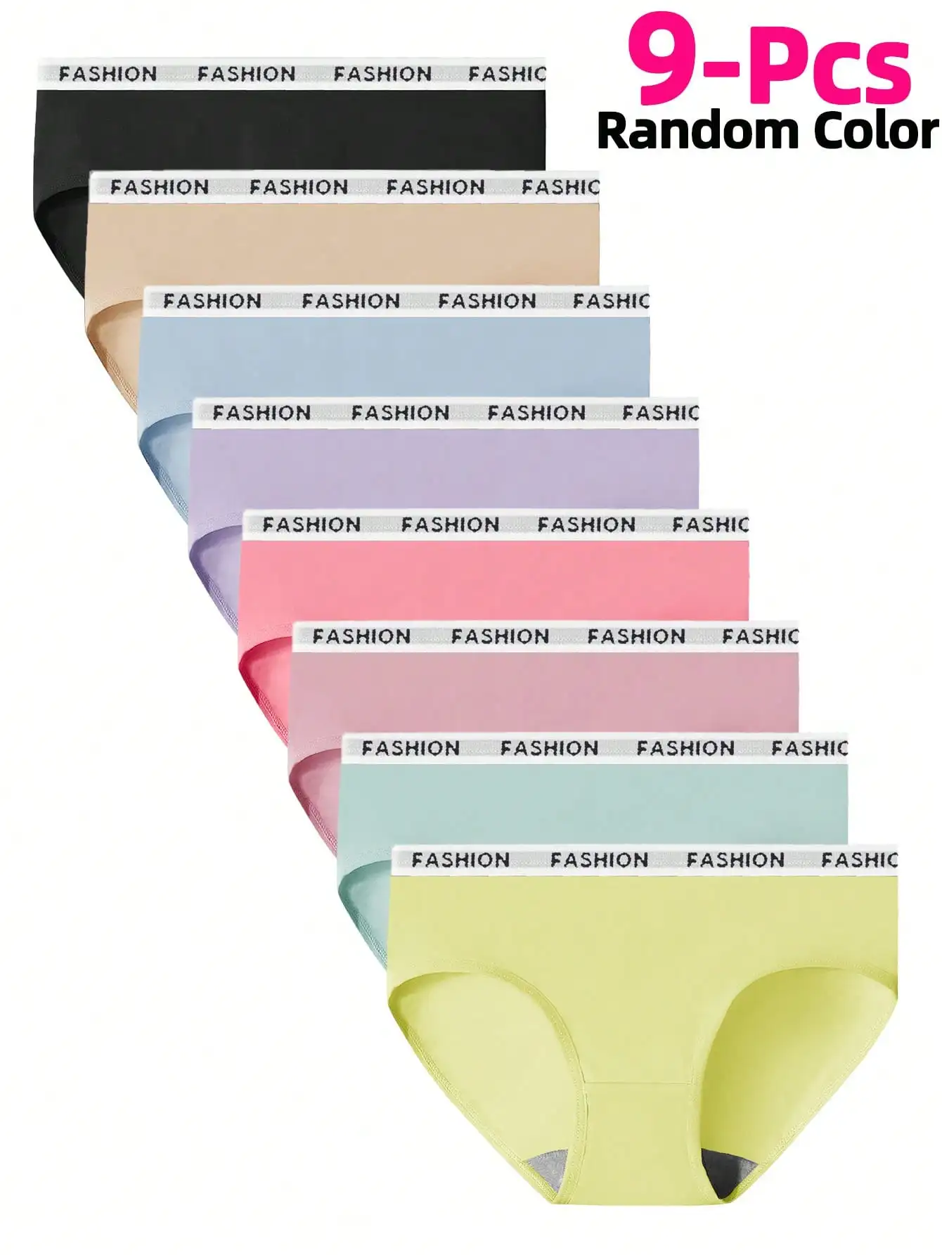 

9-Pack Women's Solid Color Briefs with Fashion Waistband, Assorted Colors, Comfortable Polyester