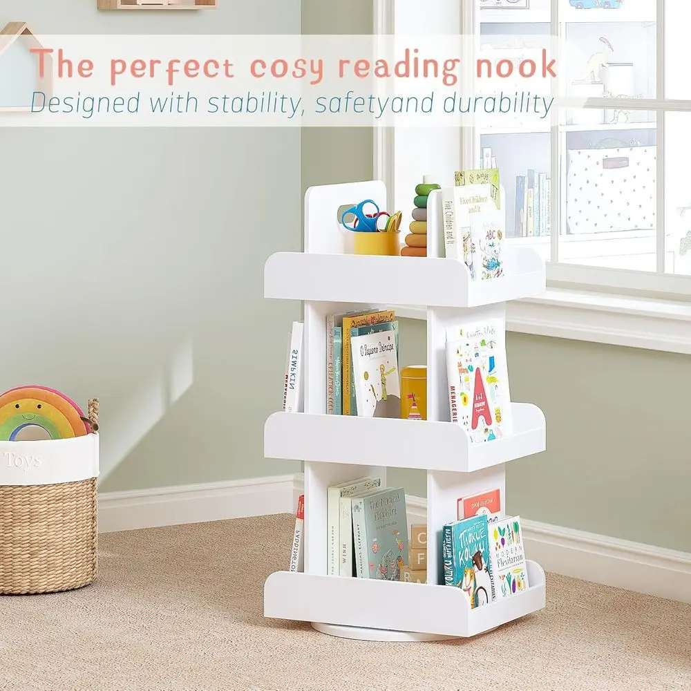 3-Tier White Rotating Bookshelf, Lazy Susan Style, 360° Vertical Display Organizer