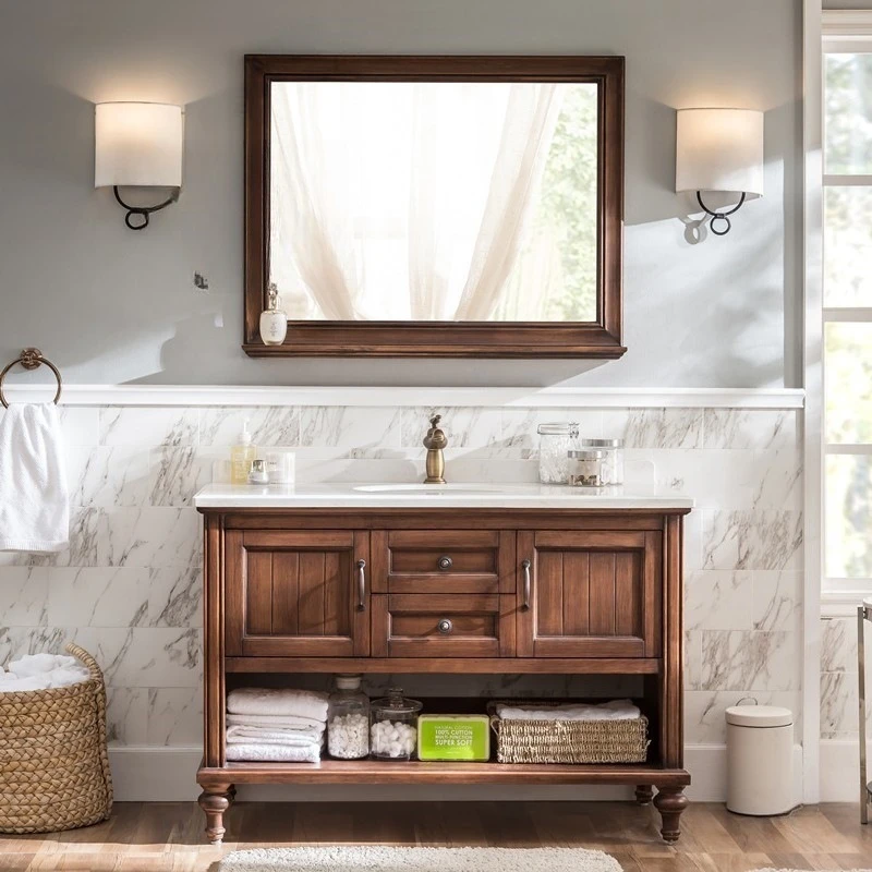 American retro bathroom cabinet solid wood floor washstand light luxury bathroom hand face pool basin combination others