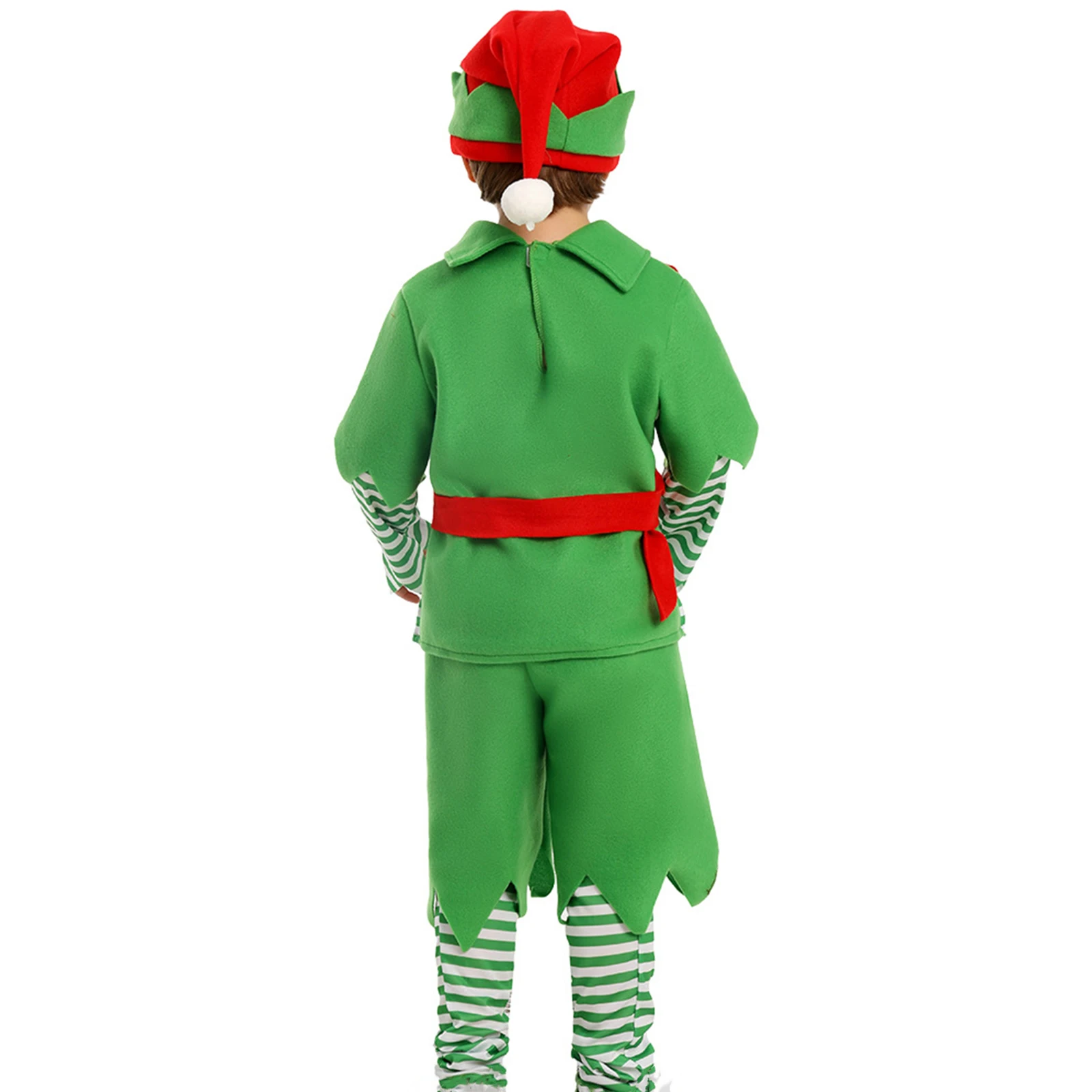 HEZIOWYUN Langarm-Tops + solide Shorts + gestreifte Beinwärmer + Gürtel + Hut Weihnachten Halloween Party Kid Elf Cosplay Kostüme Set