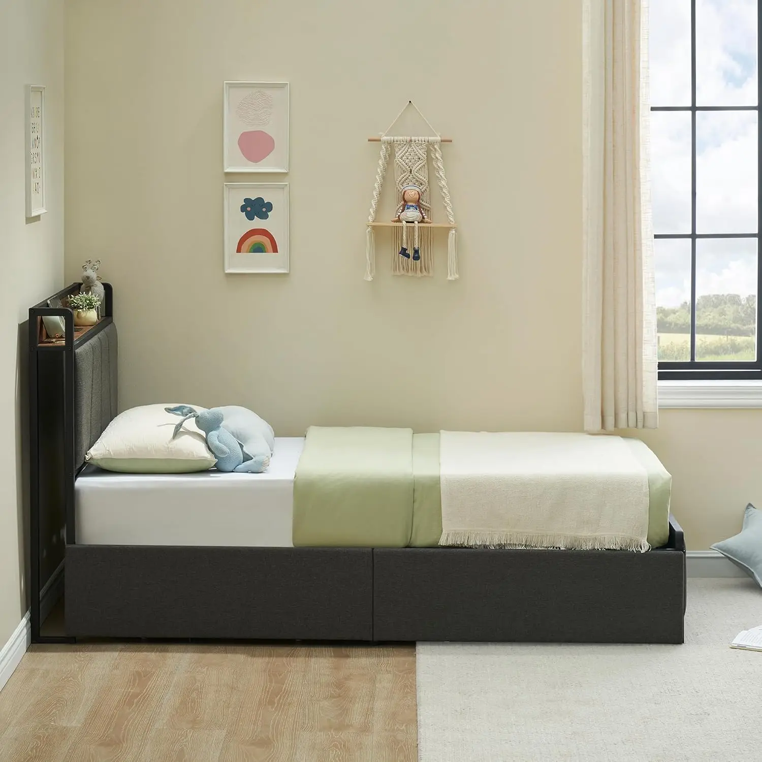 Rústico linho estofados Bedframe Plataforma com armazenamento Headboa, Twin Size Quadro Bed, 2 gavetas e Estação de Carregamento