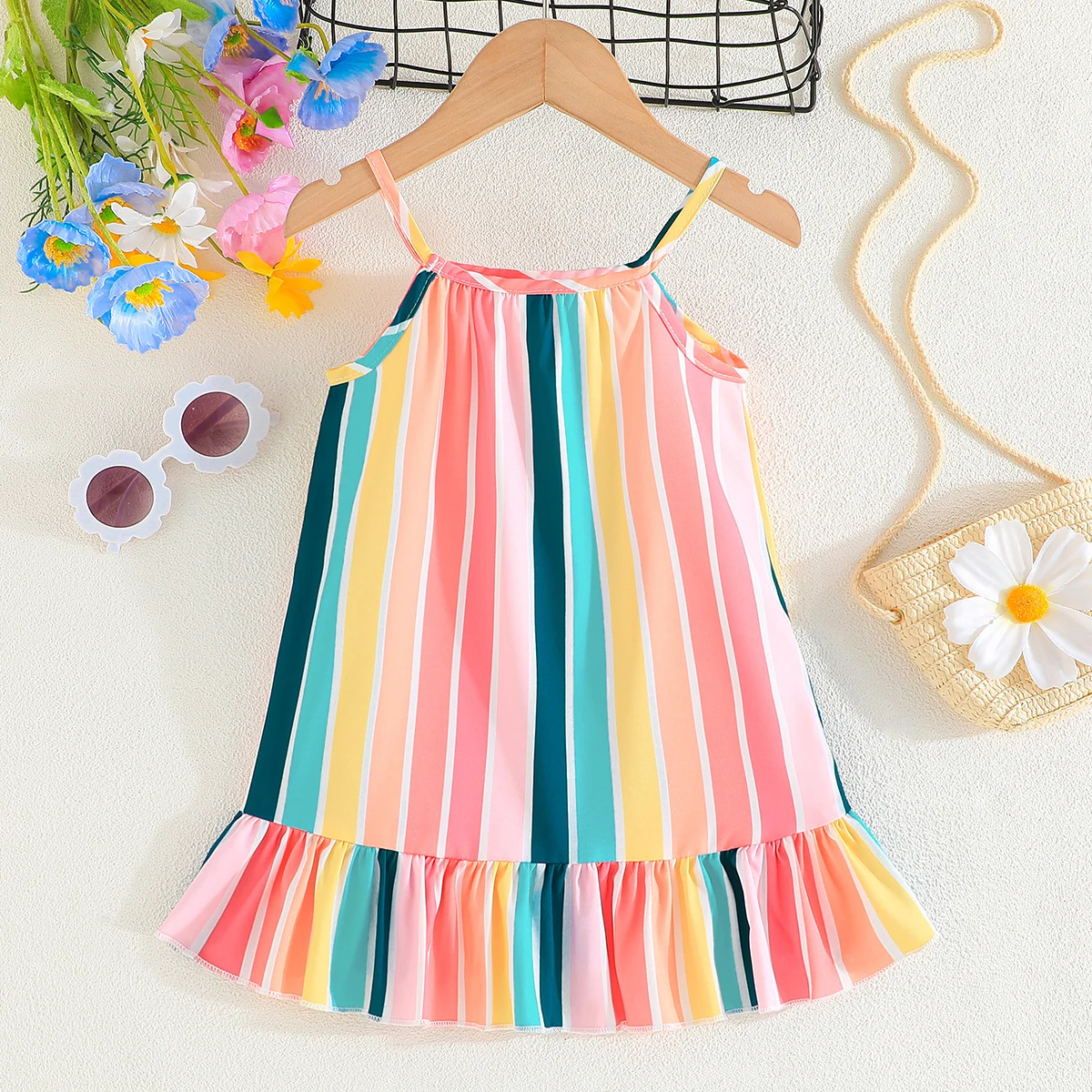 Dress For Kids 1-4 Years old Birthday Rainbow Stripes Cute Suspender Princess Dresses Ootd For Girl