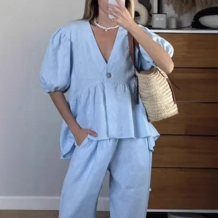 

Casual Women's Trouser Suit Single Button Blazer High Waist Wide Leg Pants Lady Suits 2025 Spring Summer 2 Pieces Set Women