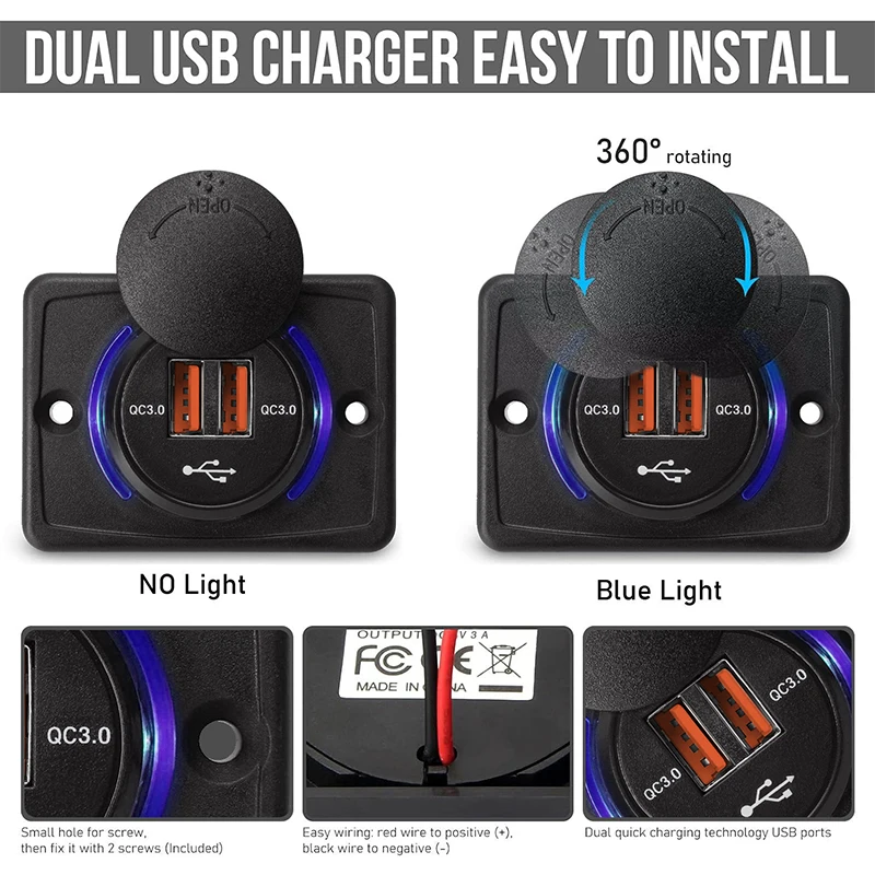 12-24V QC3.0 Dual USB Car Charger Socket Quick Charge with Sliding Cap 36W Fast Charger Power Outlet for Car Boat Bus RV Boat