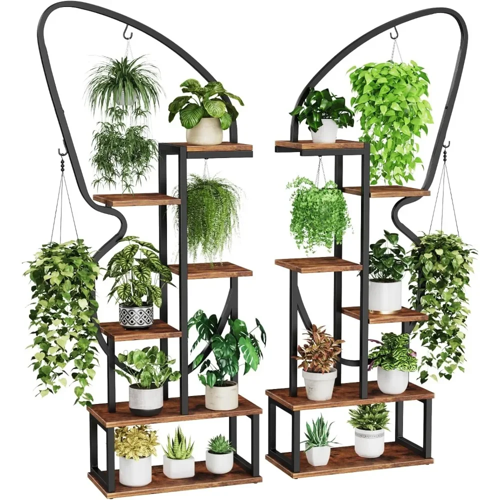 6 Tier Plant Stand Indoor -Shaped,Tall Metal Plant Stand with 6 Plant Hooks & 12 Boards,Large Ladder Shelf with Adjustable