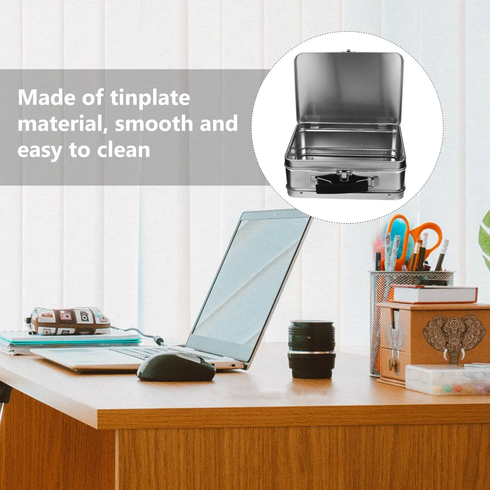 

White Rectangular Tinplate Box Large Capacity Storage Case Handles Jewelry Keepsake Sundries Organizer Tin Box with Handle