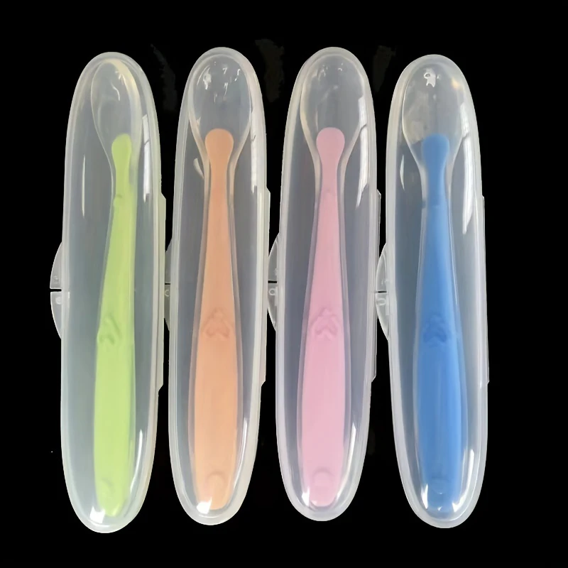 1/2pcs Soft Tip Baby Silicone Spoon with Box, Safe Baby Feeding Spoon, Self Feeding Utensils for Kids Toddlers Training