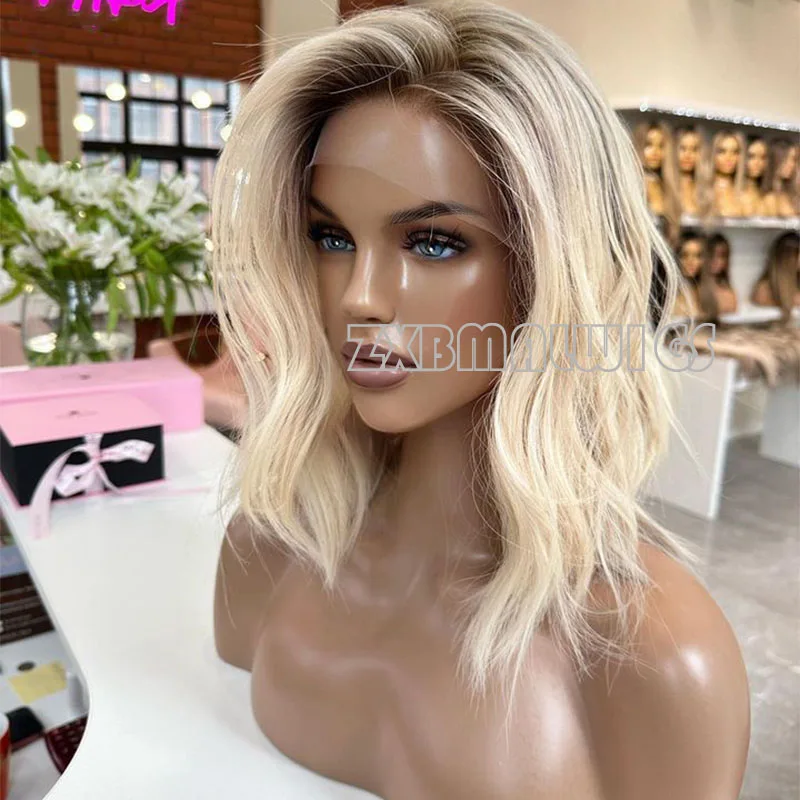 Short Bob Body Wave Glueless Ombre Blonde Side Part  Lace Wigs Synthetic Hair Slight Wavy Fiber Wigs Glueless13x3 Lace Front Wig