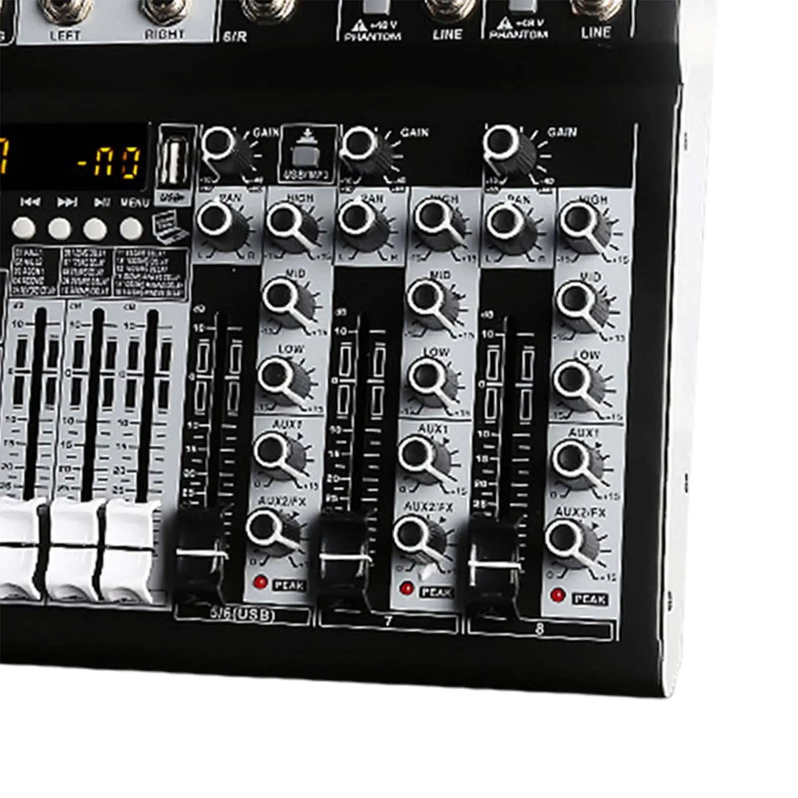

8-канальный микшерный пульт с 4-канальным моно-входом, усилителем для записи в реальном времени, аудиомикшер для прямой трансляции с эффектами, стереомикшер, вилка стандарта США
