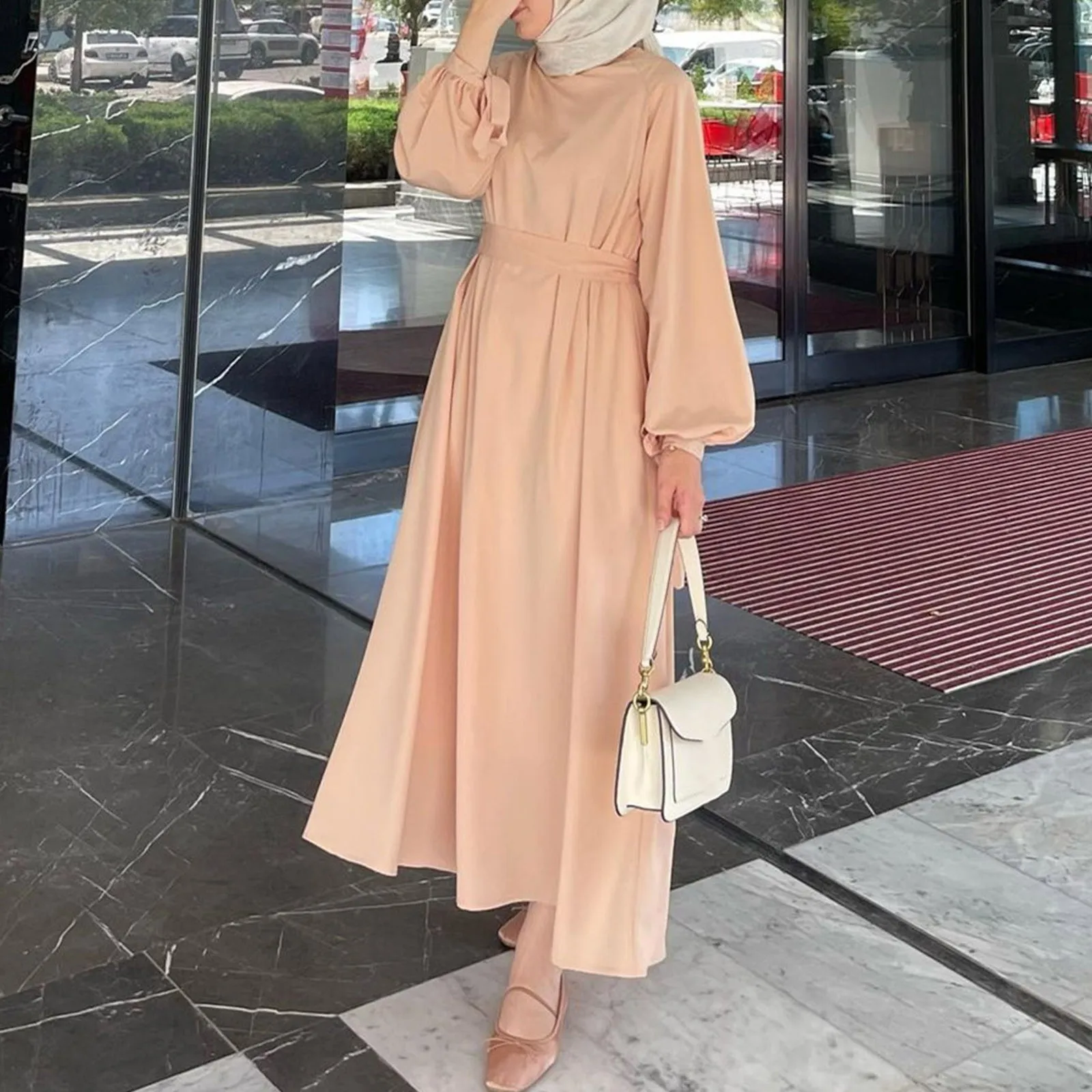 

Women Turkey Muslim Dress Long Sleeve O-Neck Solid Color Maxi Robe 2024 Summer Fashion Party Sundress Eid Mubarek Vestidos