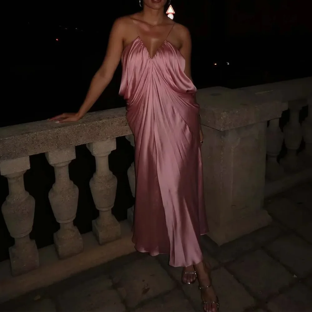 KONDALA 2025 Spring Summer Draped Beach Style Women Dresses Fashion Streetwear V Neck Solid Loose Ladies Sleeveless Cami Dresses