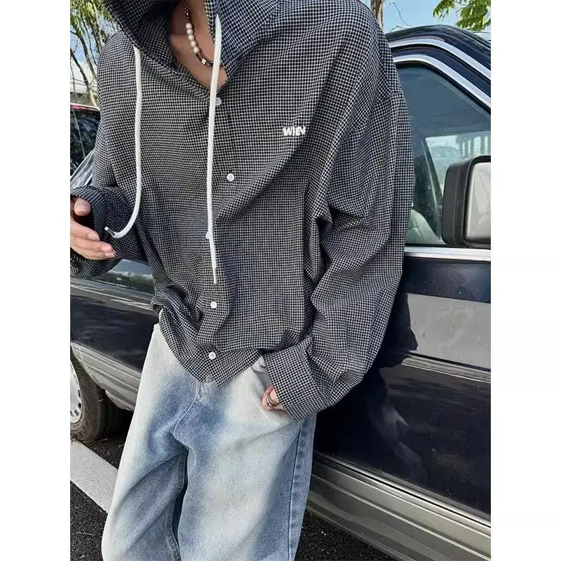 

Американская синяя клетчатая рубашка с капюшоном для мужчин, весенне-осенняя новая клетчатая куртка с длинными рукавами